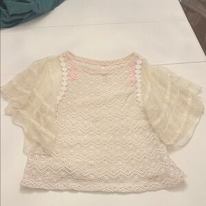 Free People Cream Lace Blouse with Ruffled Sleeves